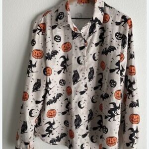Halloween Novelty Blouse Women's LS Witches/Pumpkins/Bats/Owls sz s Button Up